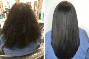 Before and after comparison of keratin treatment of long black hair.