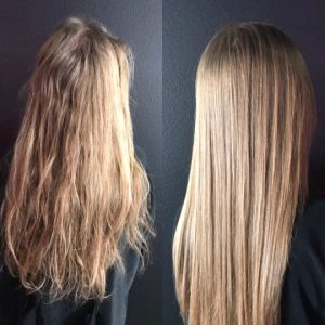 Before and after comparison of keratin treatment of long blonde hair.