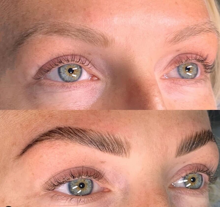 Before and after comparison of brow and lash tinting.